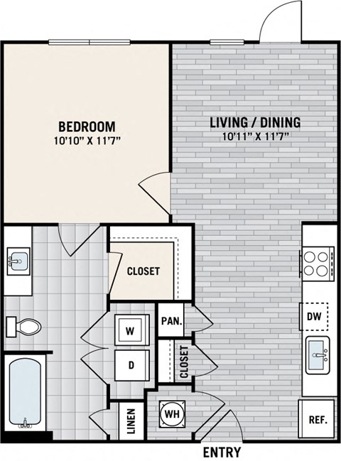 Floor plan for 1 bed, 1 bath, 621 sqft